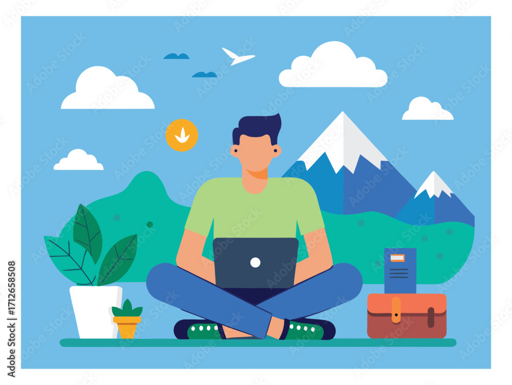 Fototapeta premium Man working on laptop outdoors with mountain view and nature elements illustration