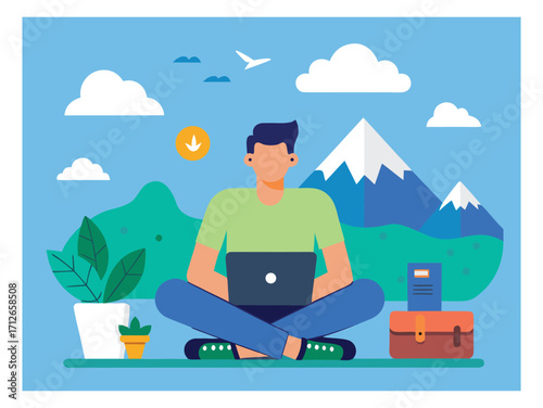 Man working on laptop outdoors with mountain view and nature elements illustration