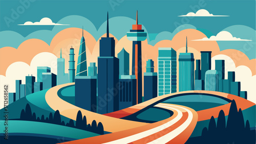 A glimpse of the city from afar its skyline defined by an intricate network of tall buildings and winding roads.