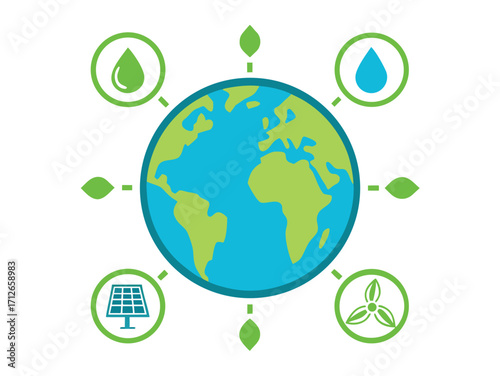 Earth globe with renewable energy sources icons promoting environmental conservation