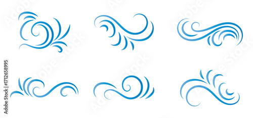 Wind icon set, wind blow line icon. Blowing wind outline icons. Windy weather symbol. Doodle line wind moving set. Breath of the typhoon.