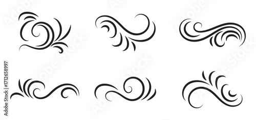 Black waves and splashes of water set. Swirls, curves and flow of liquid clip art. Silhouette of water flows, vector elements on a white background.