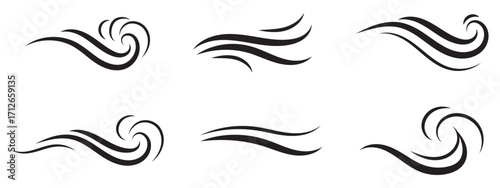 Black waves and splashes of water set. Swirls, curves and flow of liquid clip art. Silhouette of water flows, vector elements on a white background.