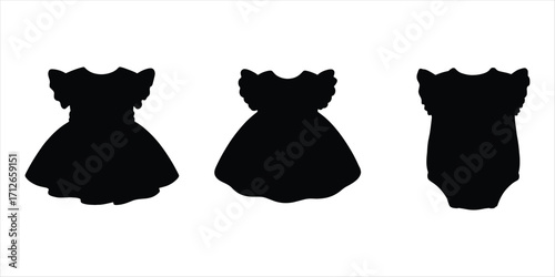 baby girl dress mockup hand drawn illustration on white background, silhouette vector icon set.