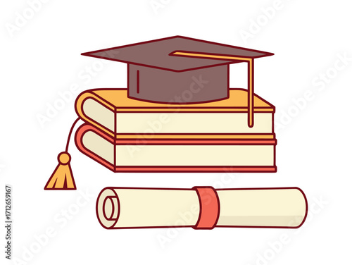 Graduation cap on books and diploma scroll educational concept vector illustration