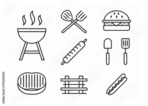 Black outline BBQ elements showcasing grilling with different utensils and foods