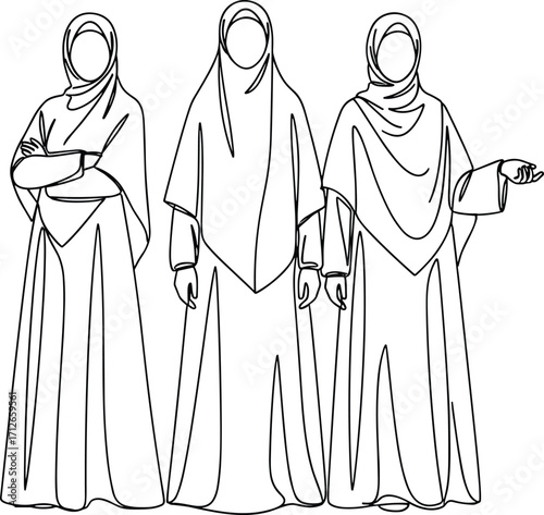 Modest fashion vector illustration of women in hijab and abaya, black and white line art, cultural clothing design set
