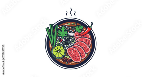 Steaming hot bowl of Vietnamese pho noodle soup with beef.