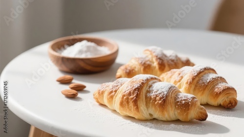 Freshly baked croissants dusted with powdered sugar on a white table, accompanied by almonds and a small bowl of sugar.