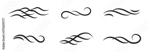 Doodle wind line sketch set. Hand drawn doodle wind motion, air blow, swirl elements. Sketch drawn air blow motion, smoke flow art, abstract line.