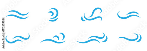 Wind blow line set in doodle style. Blue hand drawn wind swirls and gusts. Decorative breeze symbols for weather, nature, and climate designs. Vector illustration. EPS 10 