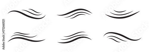 Wind blow line set in doodle style. Blue hand drawn wind swirls and gusts. Decorative breeze symbols for weather, nature, and climate designs. Vector illustration. EPS 10 