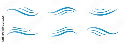 Wind blow line set in doodle style. Blue hand drawn wind swirls and gusts. Decorative breeze symbols for weather, nature, and climate designs. Vector illustration. EPS 10 