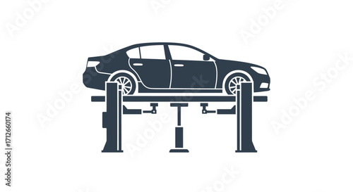 Automobile on a hydraulic lift for repair service icon.