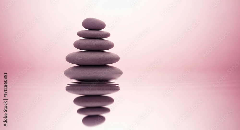 Fototapeta premium Serene Stacked Stones: Pink Water Reflection