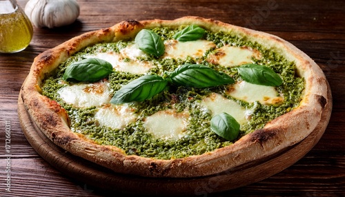 fresh pesto pizza with basil on rustic crust and melted cheese