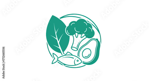 Healthy Food Icon with Fish Avocado and Vegetables.