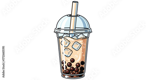 Refreshing Bubble Tea with Tapioca Pearls and Ice in a Clear Cup.