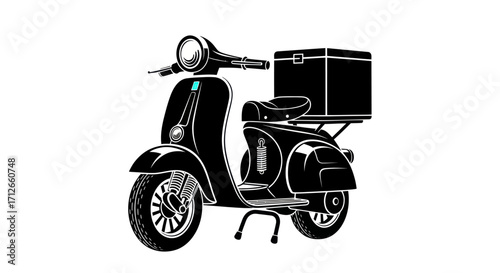 Vintage delivery scooter with a large cargo box illustration.