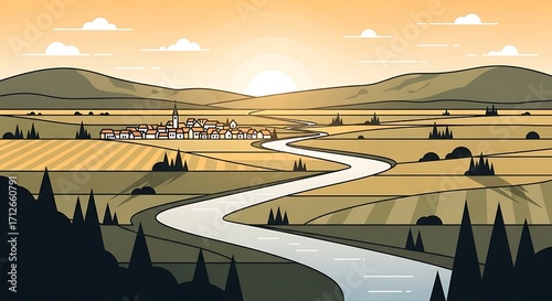 Serene Sunset Landscape with River and Village.