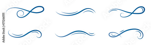 Wind blow line set in doodle style. Blue hand drawn wind swirls and gusts. Decorative breeze symbols for weather, nature, and climate designs. Vector illustration. EPS 10
