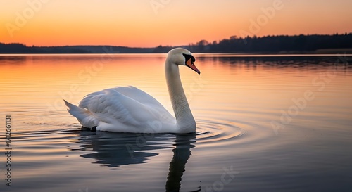 Serene Swan at Sunset on Calm Lake Water.