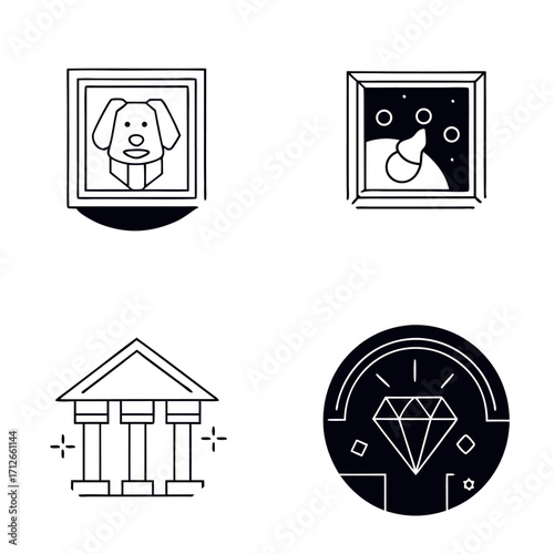 Art and museum icons with framed pictures, a bank, and a diamond
