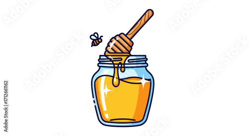 Cartoon illustration of a glass honey jar with a dipper and a flying bee.