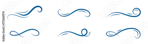 Wind blow line set in doodle style. Blue hand drawn wind swirls and gusts. Decorative breeze symbols for weather, nature, and climate designs. Vector illustration. EPS 10