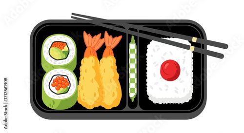 Japanese bento box with sushi rolls shrimp tempura and rice.