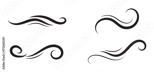 Wind line doodle icon set. Hand drawn blue wind swirls and gusts. Decorative breeze symbols for weather, nature, and climate concepts. Vector air flow illustration element.