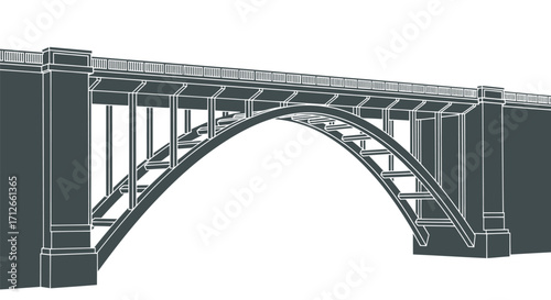 Architectural Wireframe Drawing of a Classic Arched Bridge Structure.