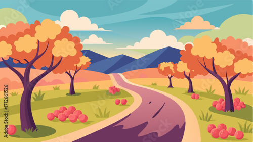 A tranquil scene of a meandering road leading through a picturesque orchard with fragrant apricot trees lining the way.