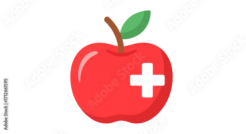 Red apple with a white medical plus sign symbol.
