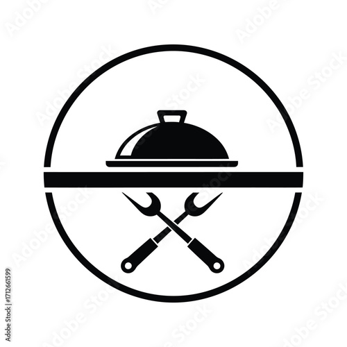 Minimalist culinary icon featuring food cover and crossed utensils in a circle frame