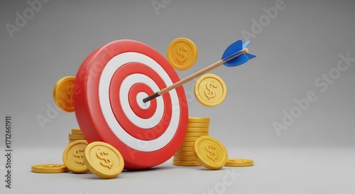 Achieving Financial Goals: Dart Striking Bullseye Amidst Golden Coins