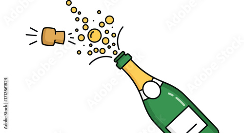 Cartoon illustration of a champagne bottle popping open with a splash.