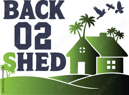 "Back to the Shed" A tranquil, tropical-themed design for a peaceful escape.  This artwork features a simplified, modern house and palm trees on a rolling landscape, with birds flying overhead. 
