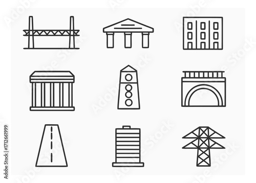 Collection of nine urban landscape icons featuring buildings and infrastructure