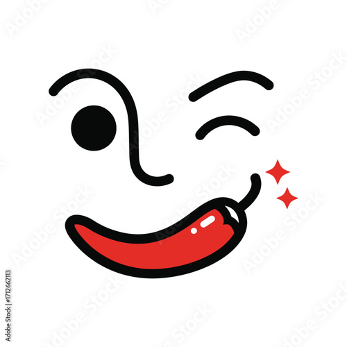 Playful winking face with red chili pepper mouth sparkle fun abstract