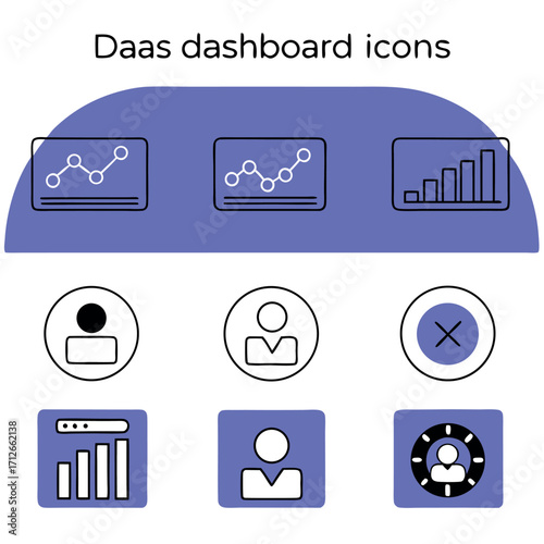 DaaS dashboard icons with user data, graphs, and performance analytics