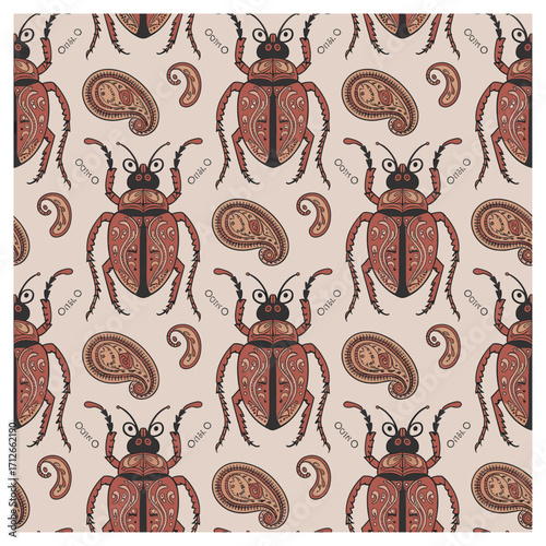 Beetle Paisley Pattern – A seamless vector pattern featuring intricately illustrated beetles combined with elegant paisley motifs. This design blends vintage charm and modern artistry.