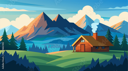 A cozy cabin nestled in a wide valley with a breathtaking view of the vast mountain range rising in the distance.