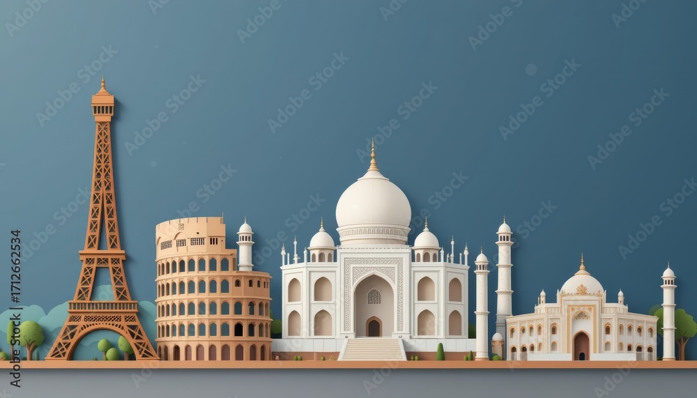 Fototapeta premium Minimal papercraft collage of famous world landmarks against blue background.