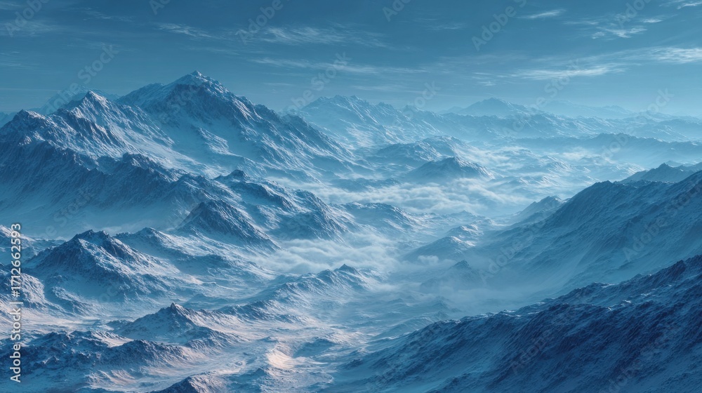 Fototapeta premium Sweeping vista of majestic snow-capped mountains piercing the misty sky