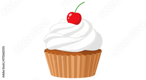 Sweet dessert cupcake with white frosting and a cherry on top.