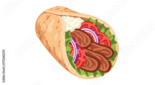 Delicious Gyro Sandwich with Meat and Fresh Vegetables.