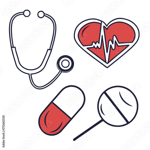 A collection of medical icons including a stethoscope a heart with an electrocardiogram a capsule and a pill representing healthcare and wellness