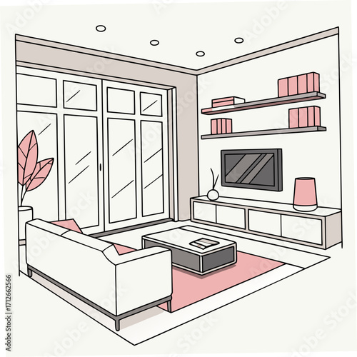A minimalist modern living room interior with a comfortable sofa a sleek coffee table a television on a media console and decorative shelves all bathed in natural light from a large sliding glass door