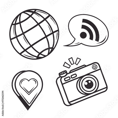 A collection of four hand drawn black and white icons representing global communication social media location sharing and photography perfect for digital design and concepts